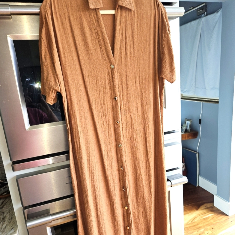 Zara Midi Dress Butternut Tan Medium W Brass Buttons Down Front, Short Sleeves, - Picture 1 of 2
